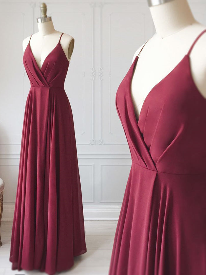 A Line V Neck Burgundy Prom Dresses, Floor Length Burgundy Formal Evening Graduation Dresses