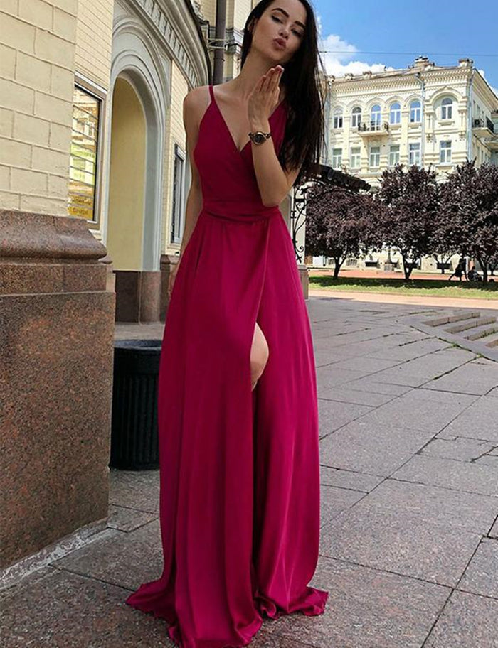A Line V Neck Burgundy Prom Dresses, V Neck Burgundy/Green Formal Graduation Evening Dresses