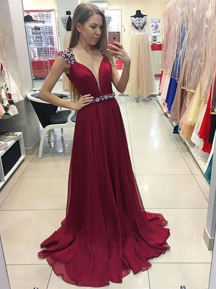 A Line V Neck Cap Sleeves Burgundy Prom Dresses, V Neck Burgundy Formal Dresses, Graduation Dreses