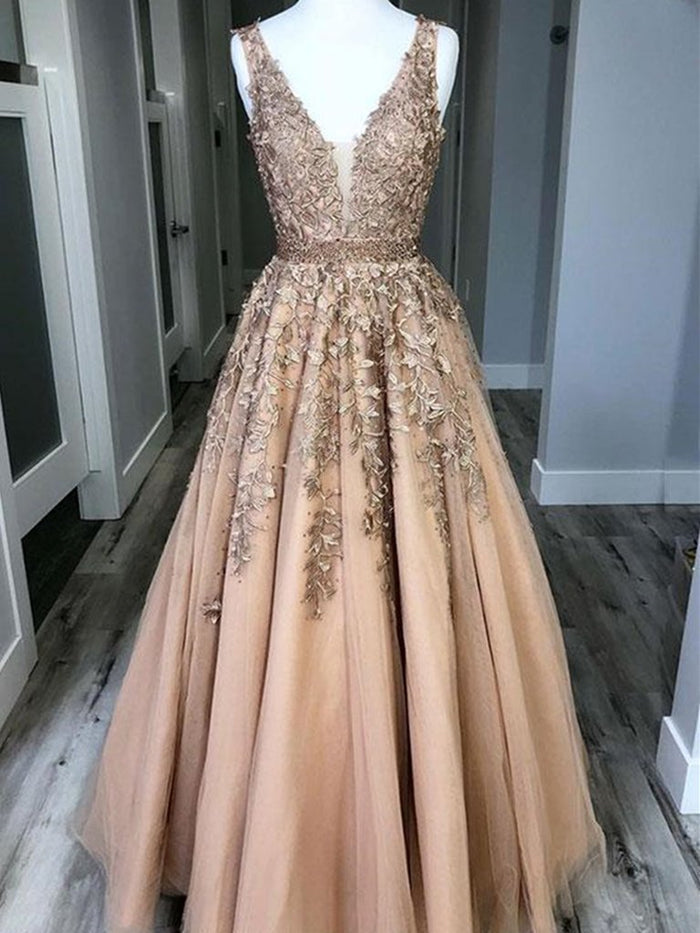 A Line V Neck Champagne Lace Prom Dresses, Champagne Lace Formal Graduation Wedding Dresses