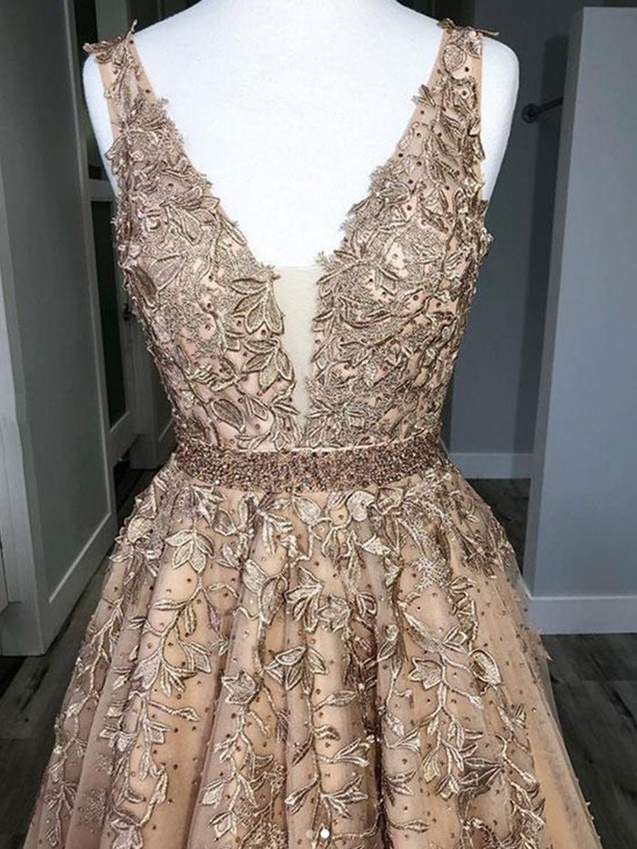 A Line V Neck Champagne Lace Prom Dresses, V Neck Lace Formal Graduation Dresses, Champagne Evening Dresses
