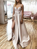 A Line V Neck Champagne Long Prom Dresses, Long Champagne Formal Graduation Evening Dresses