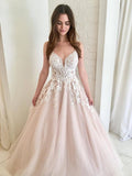 A Line V Neck Champagne Tulle Prom Dresses with White Lace, Long Lace Wedding Dress Formal Dresses