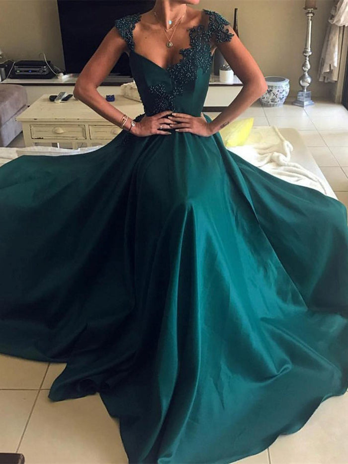 A Line V Neck Dark Green Lace Prom Dresses, Dark Green Formal Dresses, Graduation Dresses