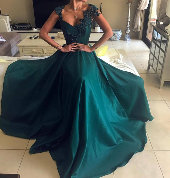 A Line V Neck Dark Green Lace Prom Dresses, Dark Green Formal Dresses, Graduation Dresses
