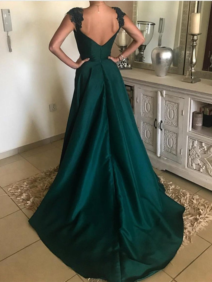 A Line V Neck Dark Green Lace Prom Dresses, Dark Green Formal Dresses, Graduation Dresses
