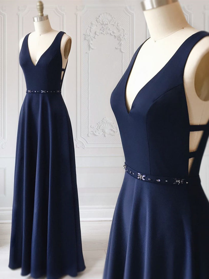 A Line V Neck Dark Navy Blue Prom Dresses with Belt, Dark Navy Blue Formal Graduation Evening Dresses