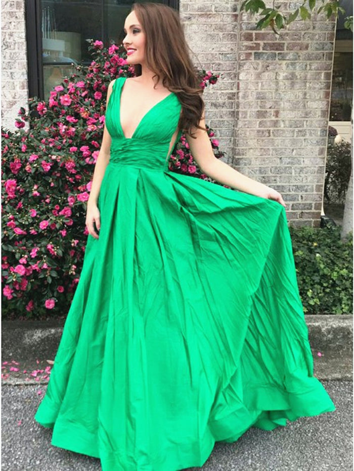 A Line V Neck Floor Length Green Prom Dress with Pleats, Green V Neck Formal Evening Dresses Long