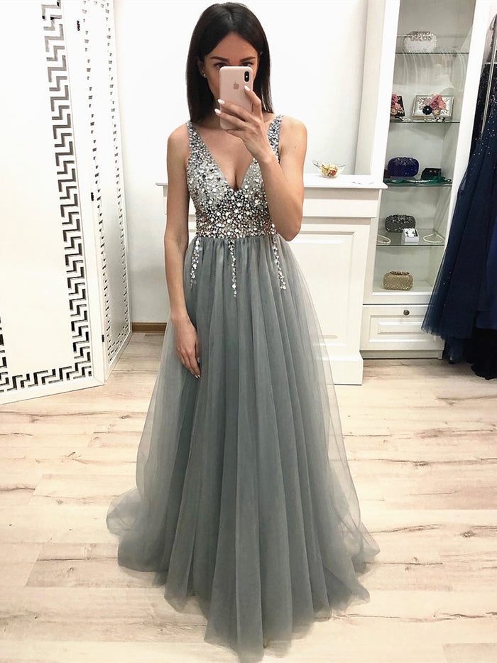 A Line V Neck Green Beaded Prom Dresses Long, Beaded V Neck Green Formal Dresses, Evening Dresses