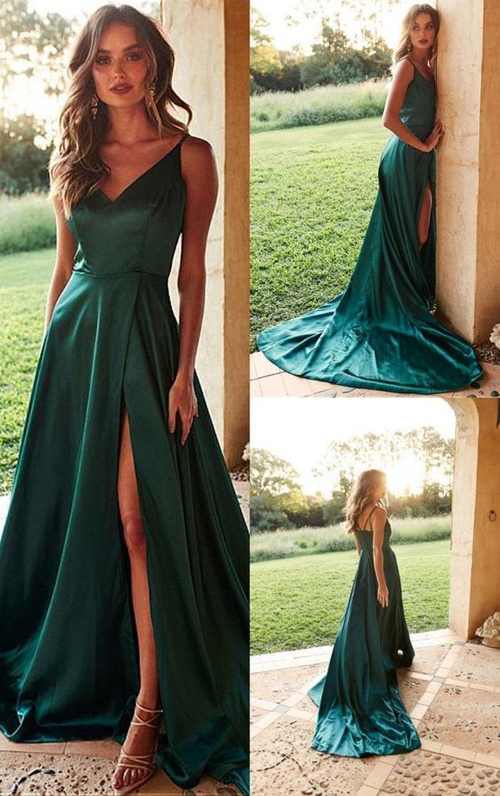 A Line V Neck Green Prom Dress with Train, High Slit Green Formal Evening Dresses