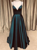 A Line V Neck GreenBlue Backless Long Prom Dresses, V Neck Backless GreenBlue Formal Graduation Evening Dresses