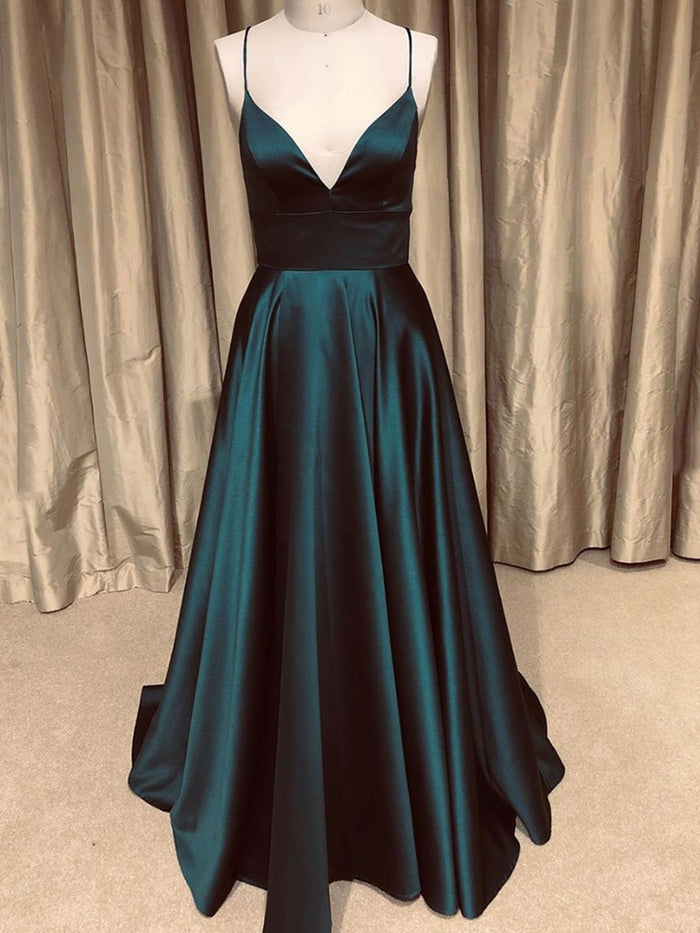 A Line V Neck GreenBlue Backless Long Prom Dresses, V Neck Backless GreenBlue Formal Graduation Evening Dresses
