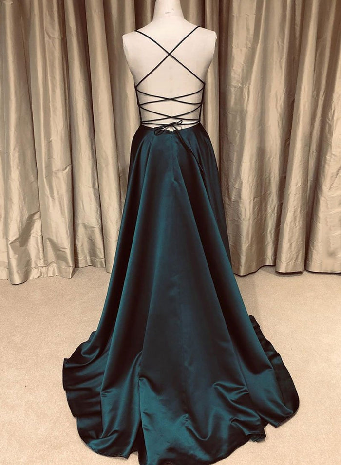 A Line V Neck GreenBlue Backless Long Prom Dresses, V Neck Backless GreenBlue Formal Graduation Evening Dresses