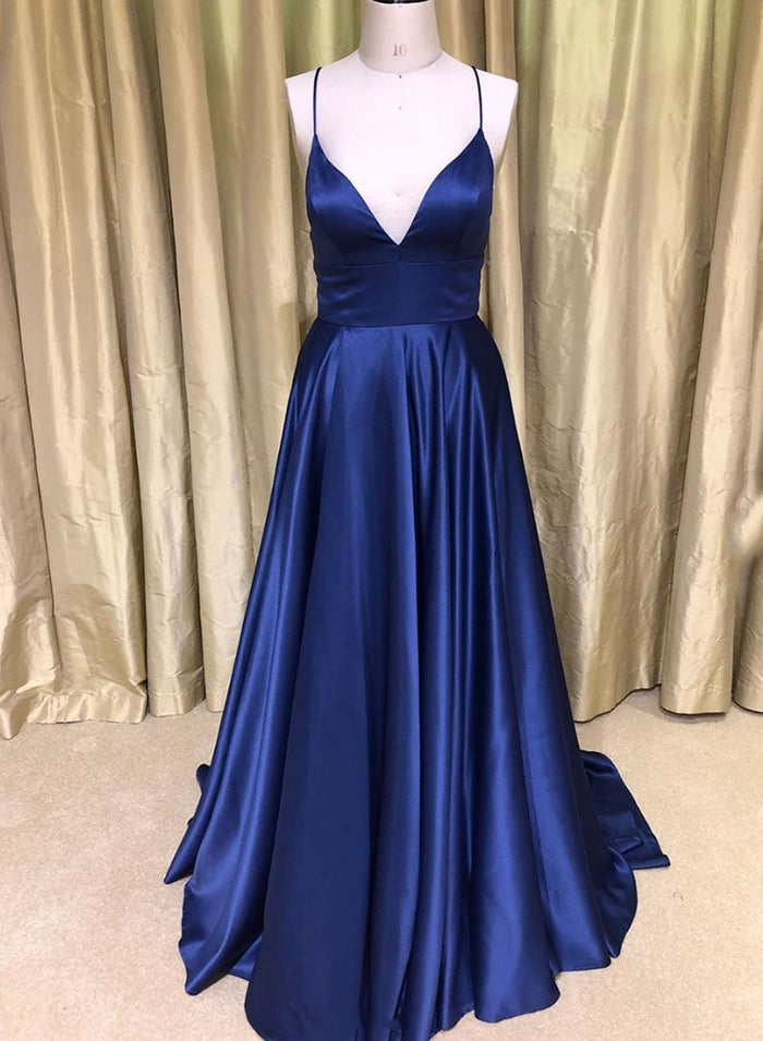 A Line V Neck GreenBlue Backless Long Prom Dresses, V Neck Backless GreenBlue Formal Graduation Evening Dresses
