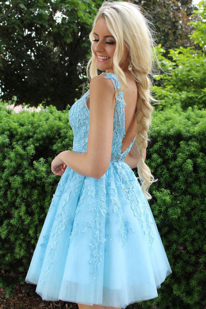 A Line V Neck Ice Blue Short Lace Prom Dress, Ice Blue Short Lace Homecoming Graduation Dresses
