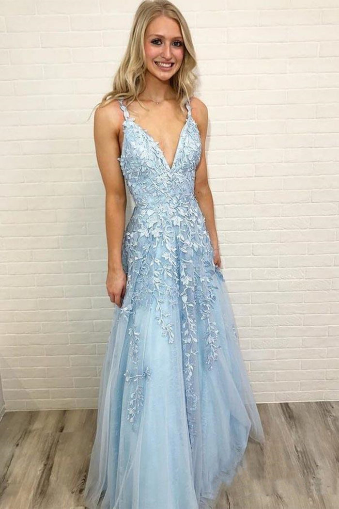 A Line V Neck Light Blue Lace Prom Dresses, Light Blue V Neck Lace Formal Graduation Evening Dresses