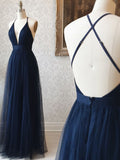 A Line V Neck Navy Blue Backless Prom Dresses, Dark Navy Blue Backless Tulle Evening Formal Dresses