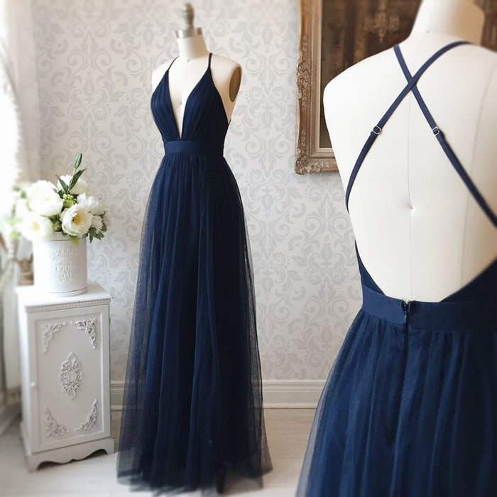 A Line V Neck Navy Blue Backless Prom Dresses, Dark Navy Blue Backless Tulle Evening Formal Dresses