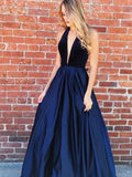 A Line V Neck Navy Blue Backless Prom Dresses, Navy Blue Backless Formal Evening Dresses