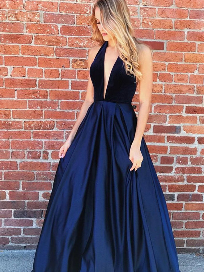 A Line V Neck Navy Blue Backless Prom Dresses, Navy Blue Backless Formal Evening Dresses