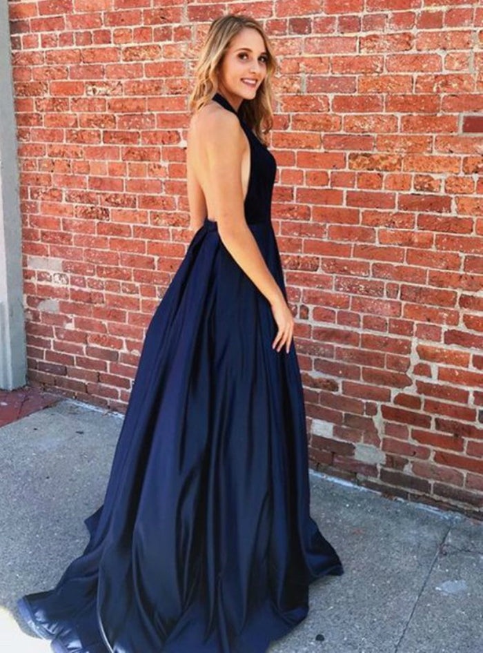 A Line V Neck Navy Blue Backless Prom Dresses, Navy Blue Backless Formal Evening Dresses