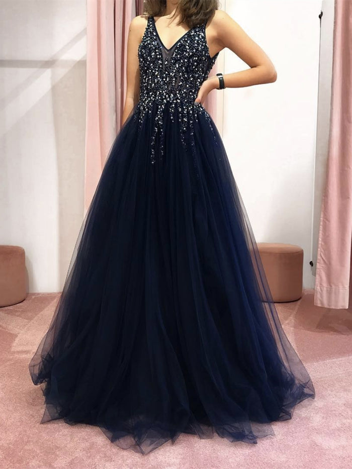 A Line V Neck Navy Blue Beaded Prom Dresses, Navy Blue Beaded Tulle Formal Evening Graduation Dresses