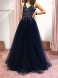 A Line V Neck Navy Blue Beaded Prom Dresses, Navy Blue Beaded Tulle Formal Evening Graduation Dresses