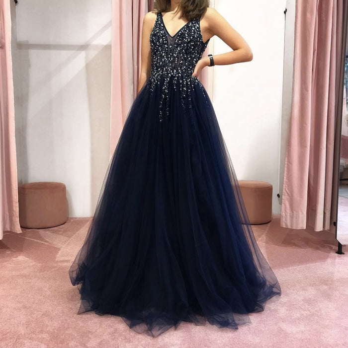 A Line V Neck Navy Blue Beaded Prom Dresses, Navy Blue Beaded Tulle Formal Evening Graduation Dresses
