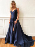 A Line V Neck Navy Blue Long Prom Dresses, Navy Blue Long Formal Graduation Evening Dresses
