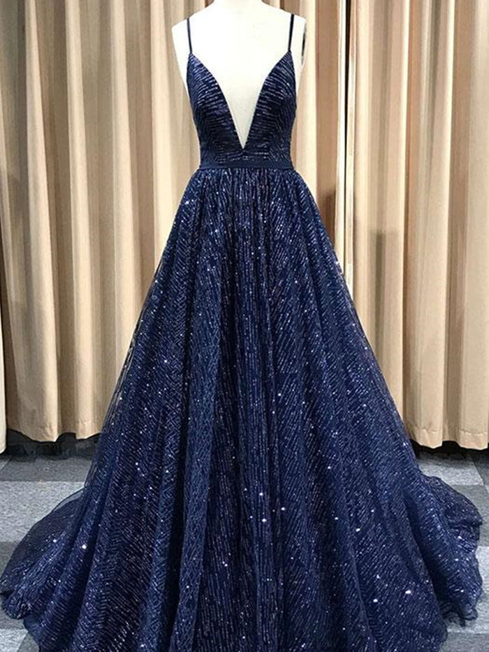 A Line V Neck Navy Blue/Burgundy/Champagne Prom Dresses, Shiny V Neck Open Back Formal Evening Party Dresses