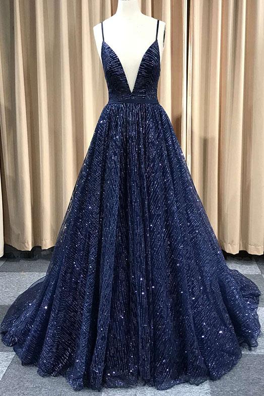 A Line V Neck Navy Blue/Burgundy/Champagne Prom Dresses, Shiny V Neck Open Back Formal Evening Party Dresses