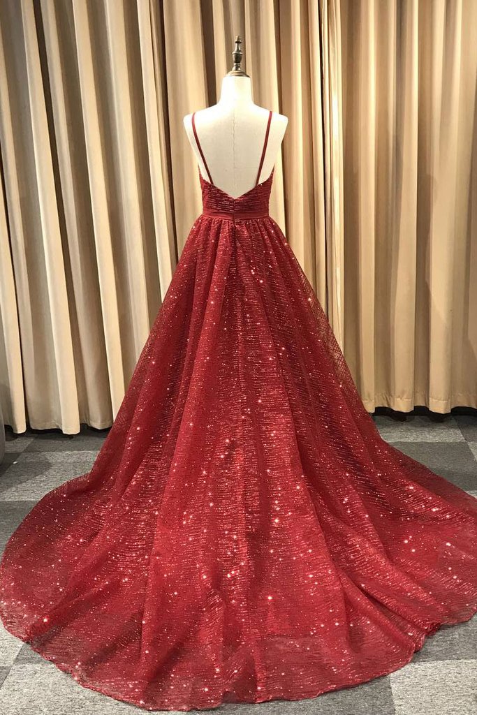 A Line V Neck Navy Blue/Burgundy/Champagne Prom Dresses, Shiny V Neck Open Back Formal Evening Party Dresses