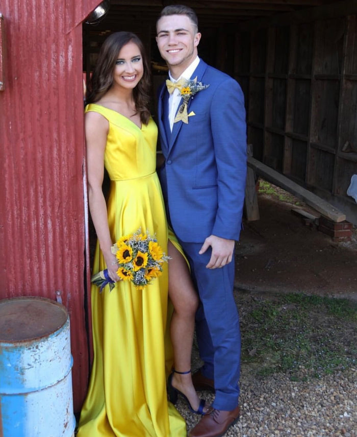A Line V Neck Off Shoulder Yellow Prom Dress with Leg Slit, Yellow Long Graduation Evening Dresses