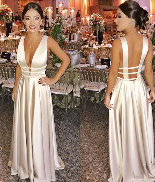 A Line V Neck Open Back Champagne Prom Dresses, Champagne V Nevk Open Back Evening Dresses
