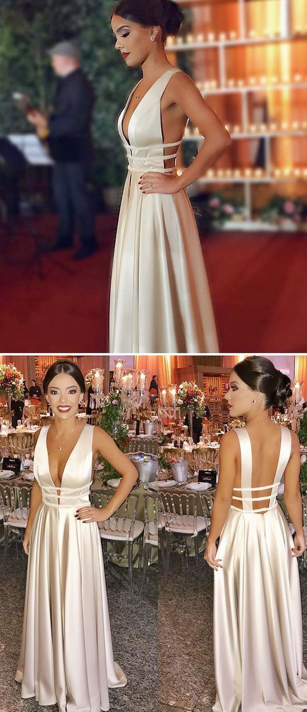 A Line V Neck Open Back Champagne Prom Dresses, Champagne V Nevk Open Back Evening Dresses
