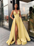 A Line V Neck Open Back Yellow Prom Dress with Leg Slit, Yellow V Neck High Slit Formal Graduation Dresses