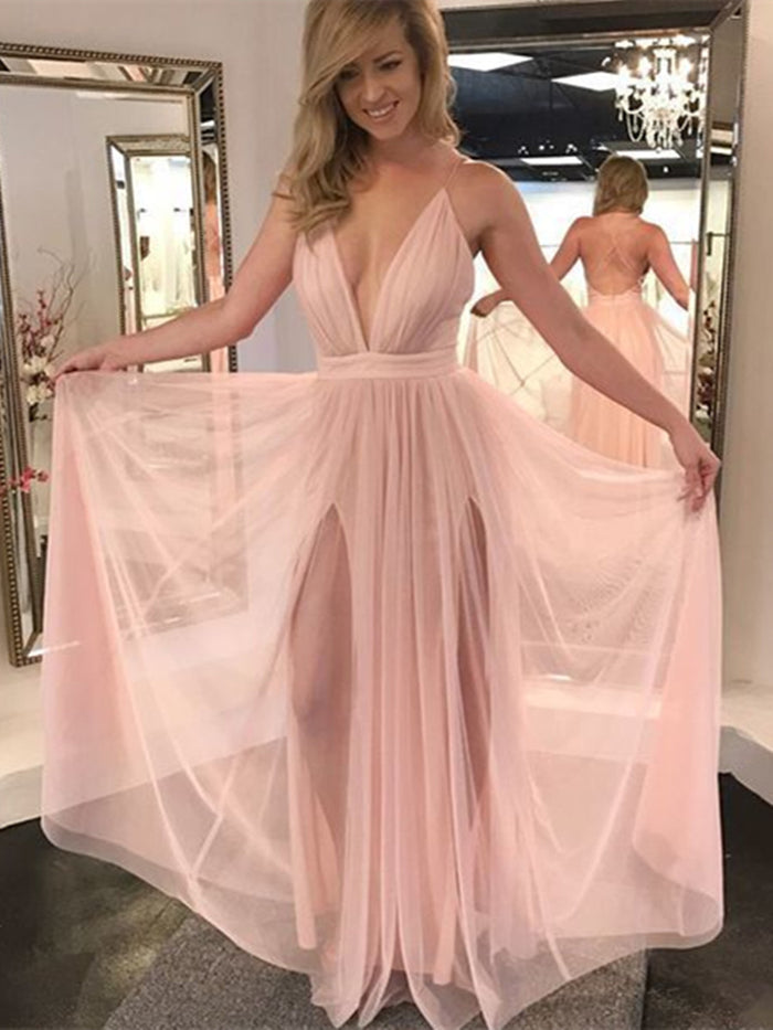 A Line V Neck Pink Backless Prom Dresses, Pink V Neck Backless Formal Dresses, Evening Dresses, Graduation Dresses