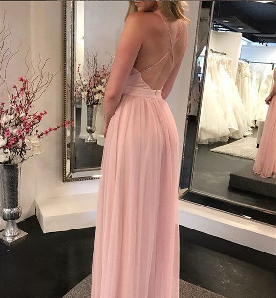 A Line V Neck Pink Backless Prom Dresses, Pink V Neck Backless Formal Dresses, Evening Dresses, Graduation Dresses