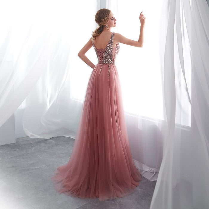 A Line V Neck Pink Tulle Prom Dress with Corset Back, Pink V Neck Formal Dresses, Graduation Dresses