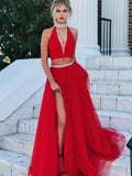 A Line V Neck Red 2 Pieces Prom Dresses, 2 Pieces Red Formal Dresses, Graduation Dresses