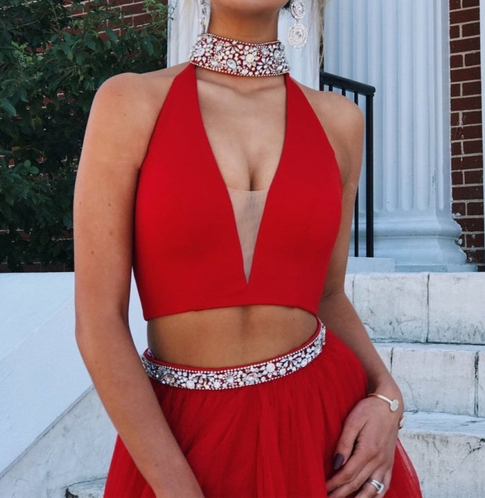 A Line V Neck Red 2 Pieces Prom Dresses, 2 Pieces Red Formal Dresses, Graduation Dresses