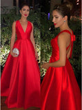 A Line V Neck Red Prom Dress with Cross Back, Floor Length Red V Neck Evening Dresses Graduation Dresses