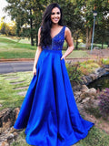 A Line V Neck Royal Blue Beaded Prom Dresses Long, Royal Blue Floor Length Formal Graduation Evening Dresses