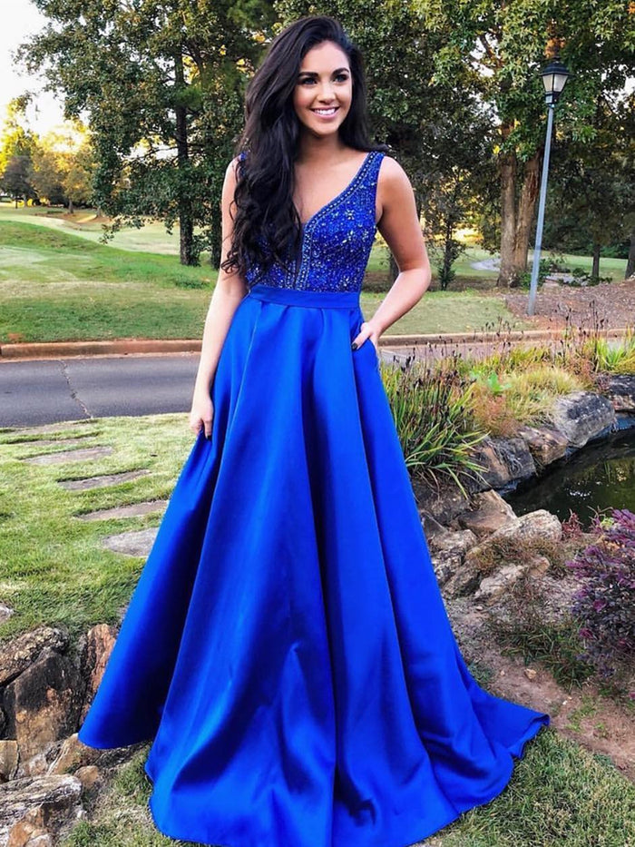 A Line V Neck Royal Blue Beaded Prom Dresses Long, Royal Blue Floor Length Formal Graduation Evening Dresses