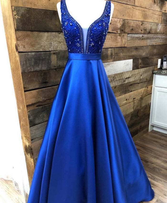 A Line V Neck Royal Blue Beaded Prom Dresses Long, Royal Blue Floor Length Formal Graduation Evening Dresses
