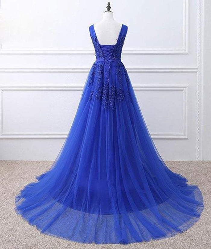 A Line V Neck Royal Blue Lace Prom Dresses, Royal Blue Lace Formal Dresses, Lace Graduation Dresses