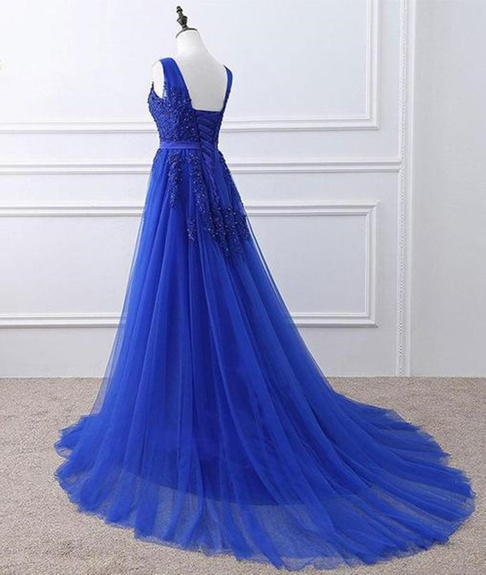 A Line V Neck Royal Blue Lace Prom Dresses, Royal Blue Lace Formal Dresses, Lace Graduation Dresses