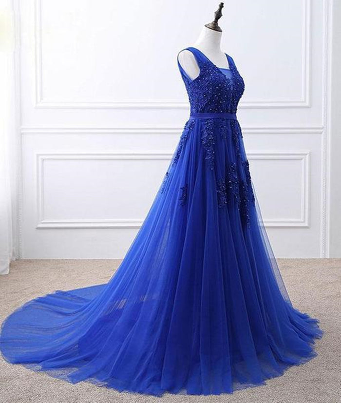 A Line V Neck Royal Blue Lace Prom Dresses, Royal Blue Lace Formal Dresses, Lace Graduation Dresses