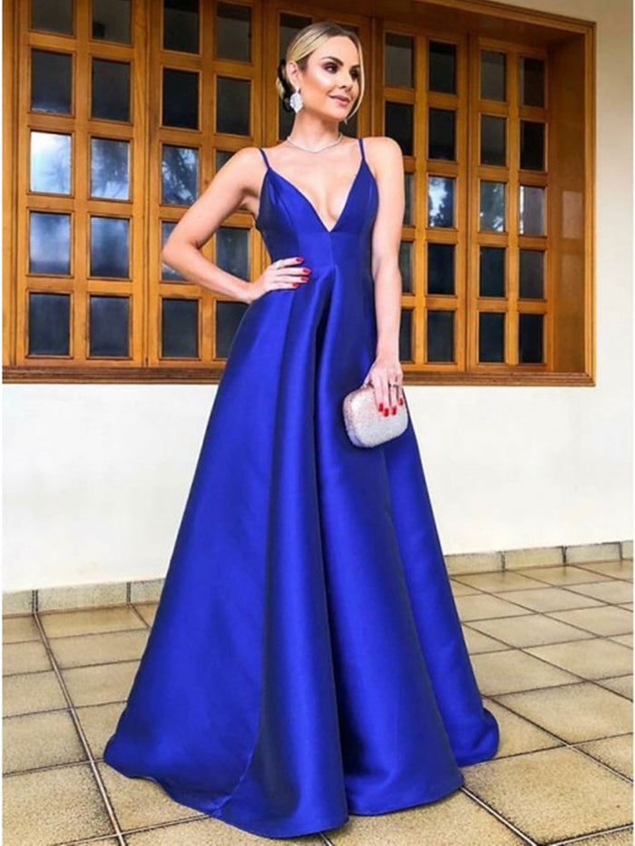 A Line V Neck Royal Blue Prom Dresses, Blue V Neck Formal Graduation Evening Dresses