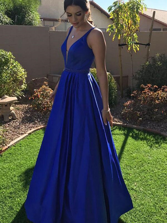 A Line V Neck Royal Blue Prom Dresses, Royal Blue V Neck Formal Graduation Evening Dresses
